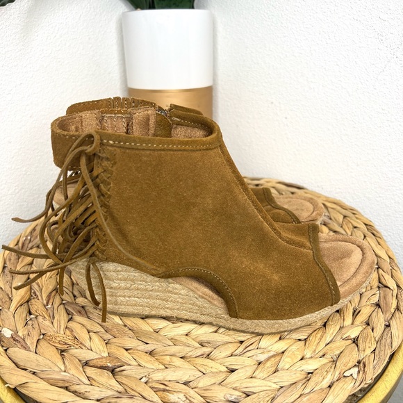 Minnetonka Shoes - minnetonka blaire brown cognac suede fringe peep toe espadrille wedges